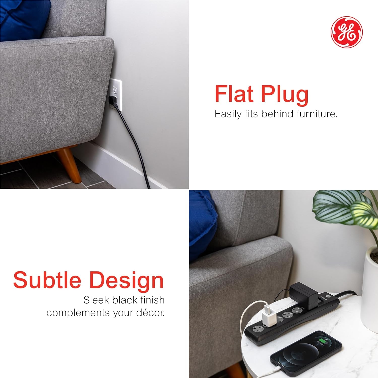 GE Surge Protector Power Strip, 15 Ft Extension Cord, 6 Outlet Extender