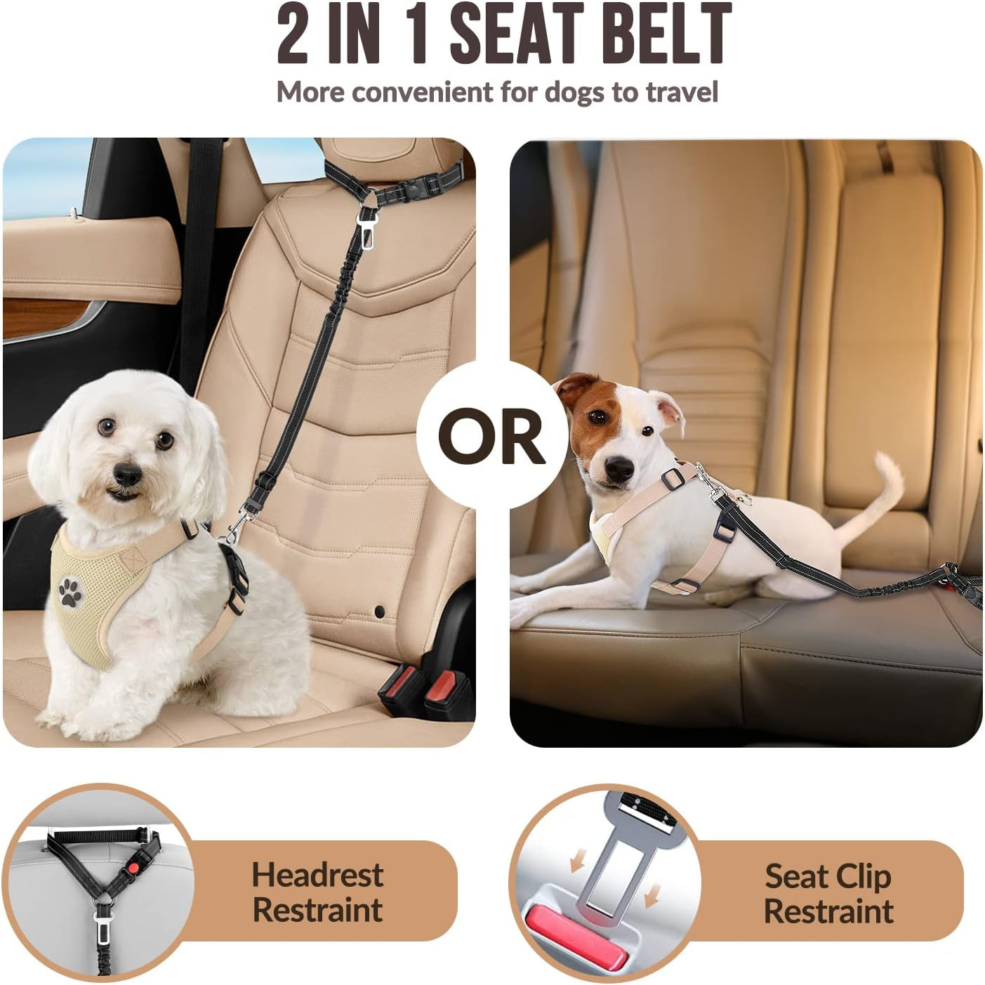 Dog Seat Belt for Car, 2 Pack Dog Car Harness Seatbelt with Bungee