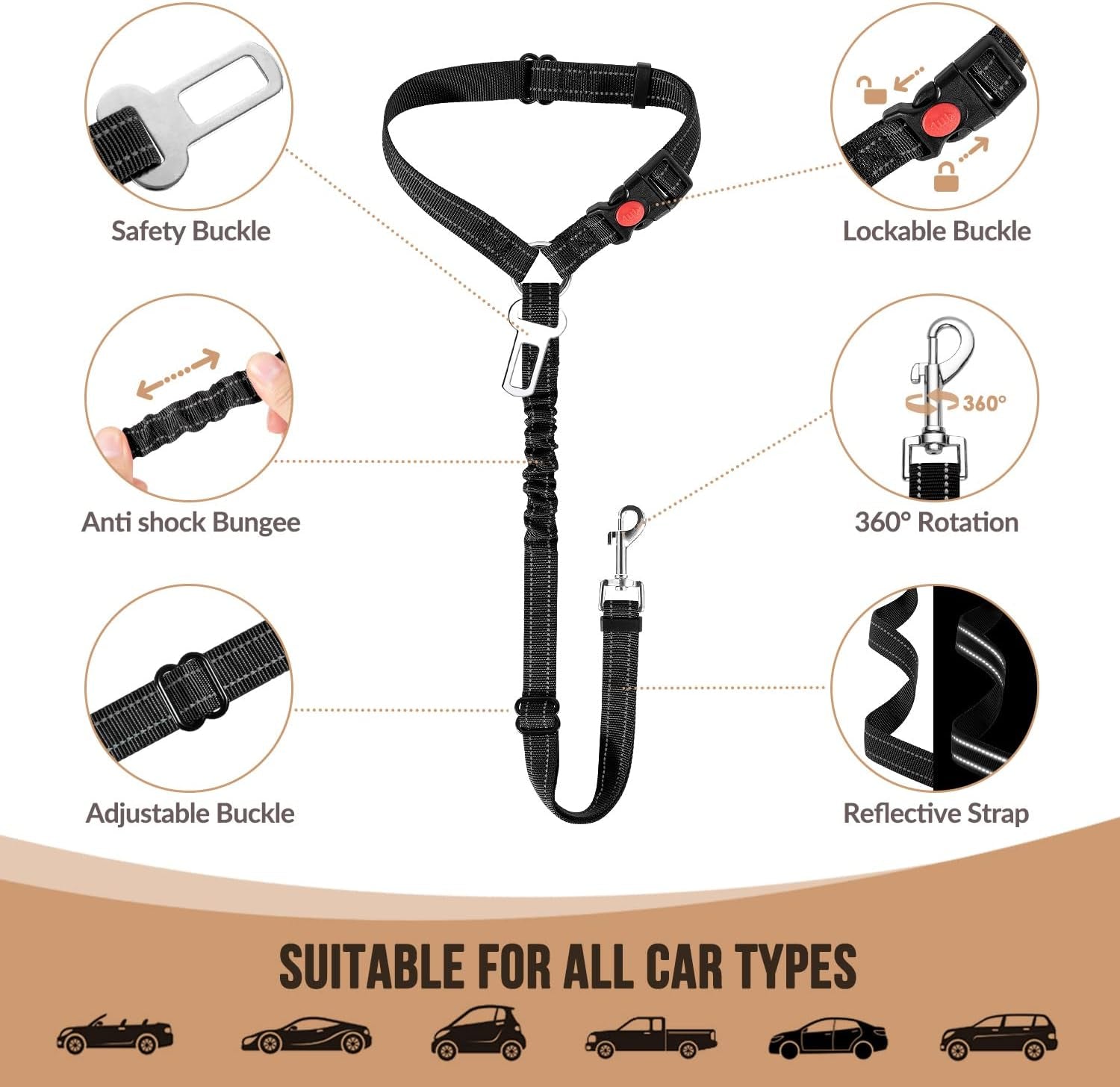 Dog Seat Belt for Car, 2 Pack Dog Car Harness Seatbelt with Bungee