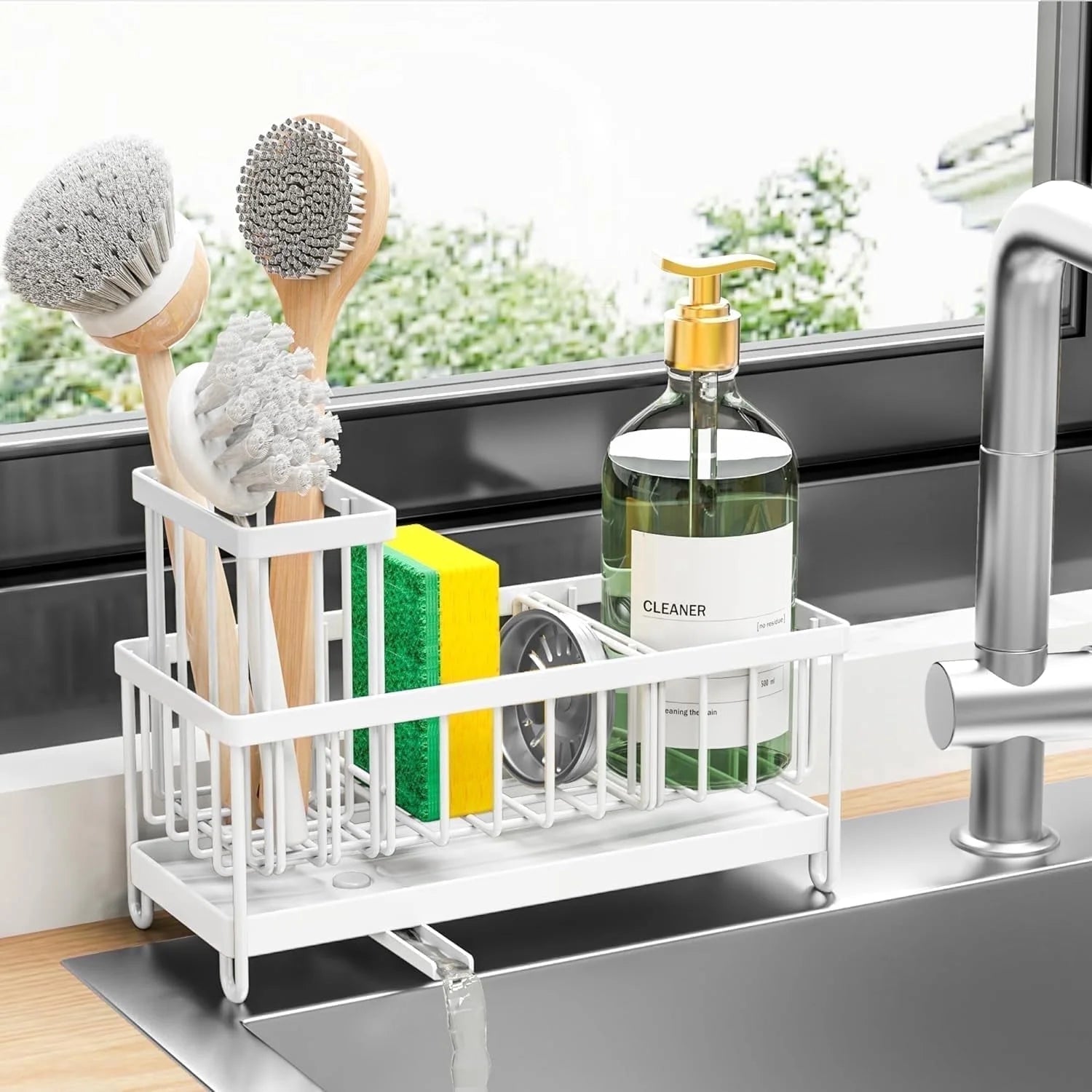 White Sponge Holder for Kitchen Sink, Sink Caddy Organizer with High Brush Holder, Kitchen Countertop Organizers and Storage Essentials, Rustproof 304 Stainless Steel, Soap Dispenser Organize