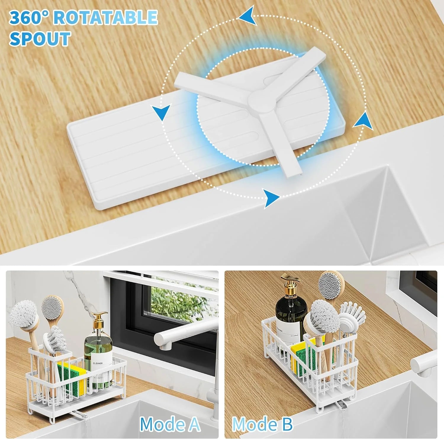 White Sponge Holder for Kitchen Sink, Sink Caddy Organizer with High Brush Holder, Kitchen Countertop Organizers and Storage Essentials, Rustproof 304 Stainless Steel, Soap Dispenser Organize