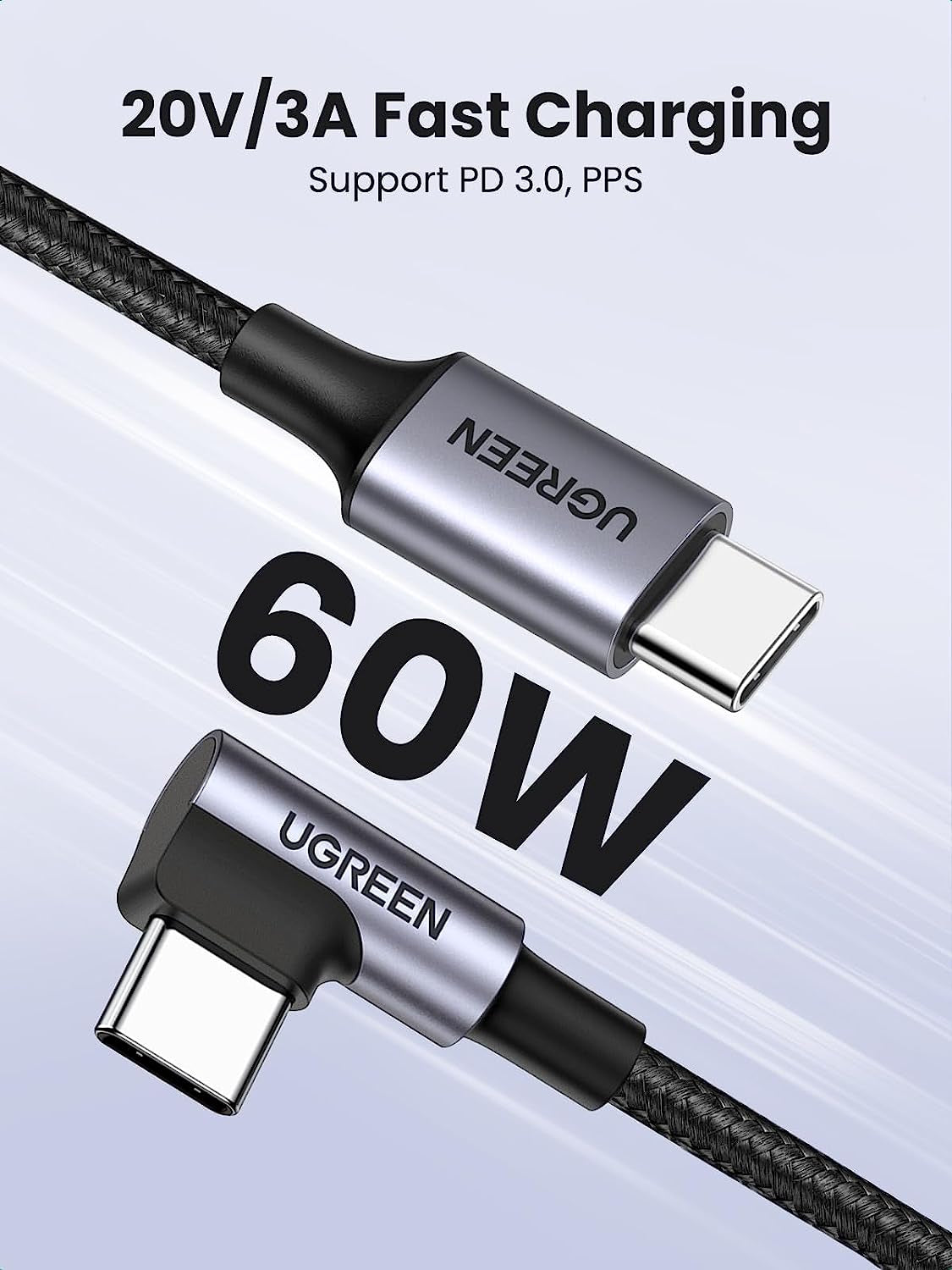 60W Right Angle USB C Cable, Fast Charging Cable, 2-Pack, 6.6Ft