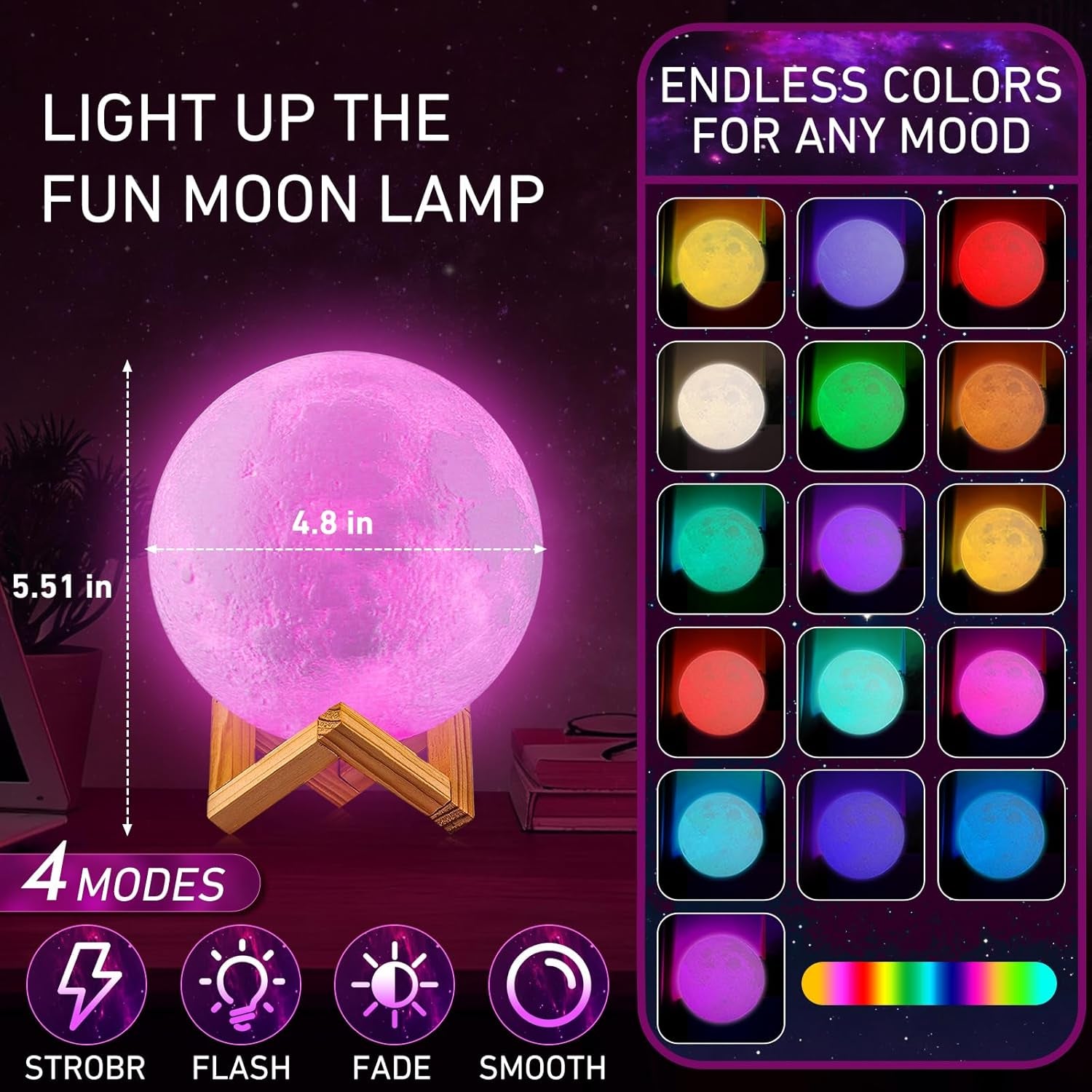 Moon Lamp, 16 Colors LED Night Light with Remote/Touch, Timer/Dimming 4.8In
