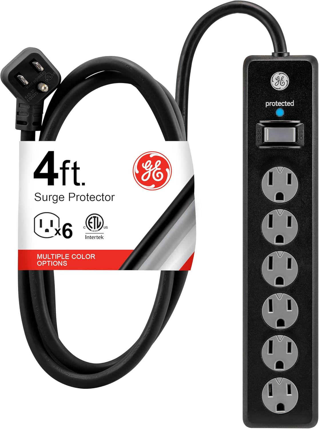 GE Surge Protector Power Strip, 4 Ft Extension Cord, 6 Outlet Extender
