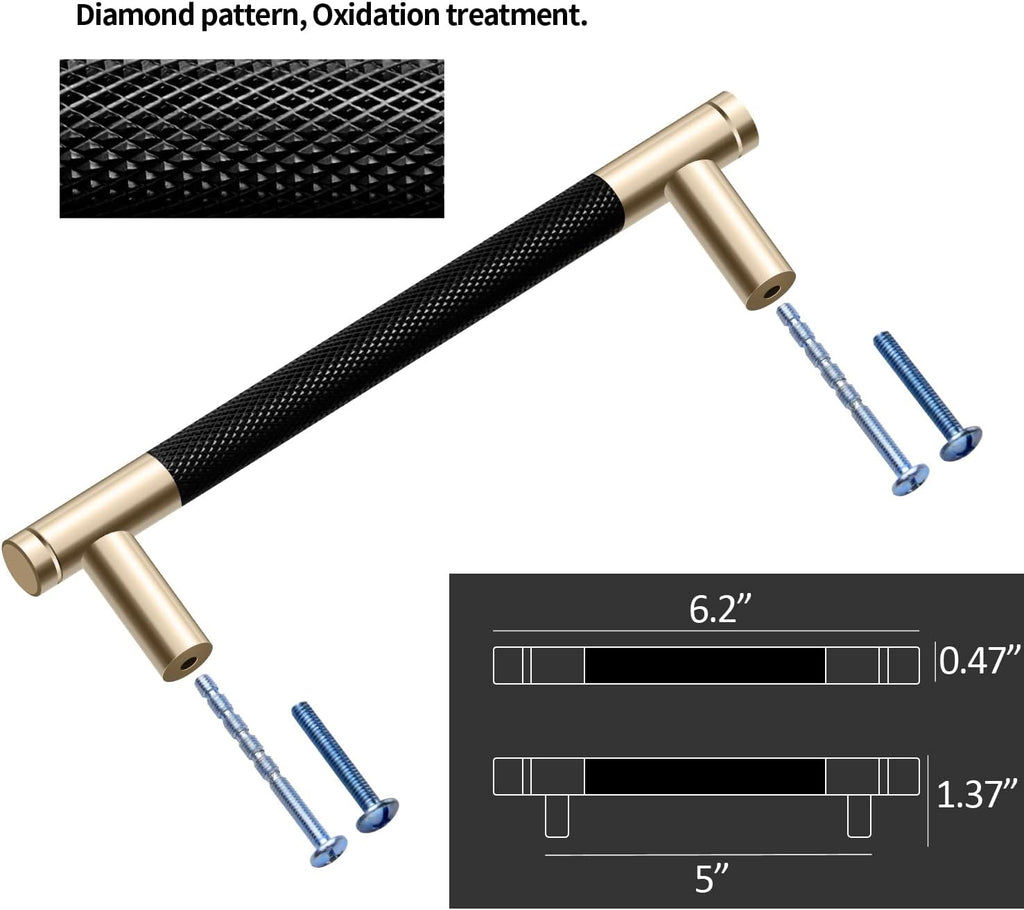 12 Pack 5 Inch 128 Mm Knurled Cabinet Handles Cabinet Pulls Aluminum Handles Knurled Drawer Pulls Gold and Black Oxidation Finish with Diamond Pattern 6.2" Length (5" Hole Center)