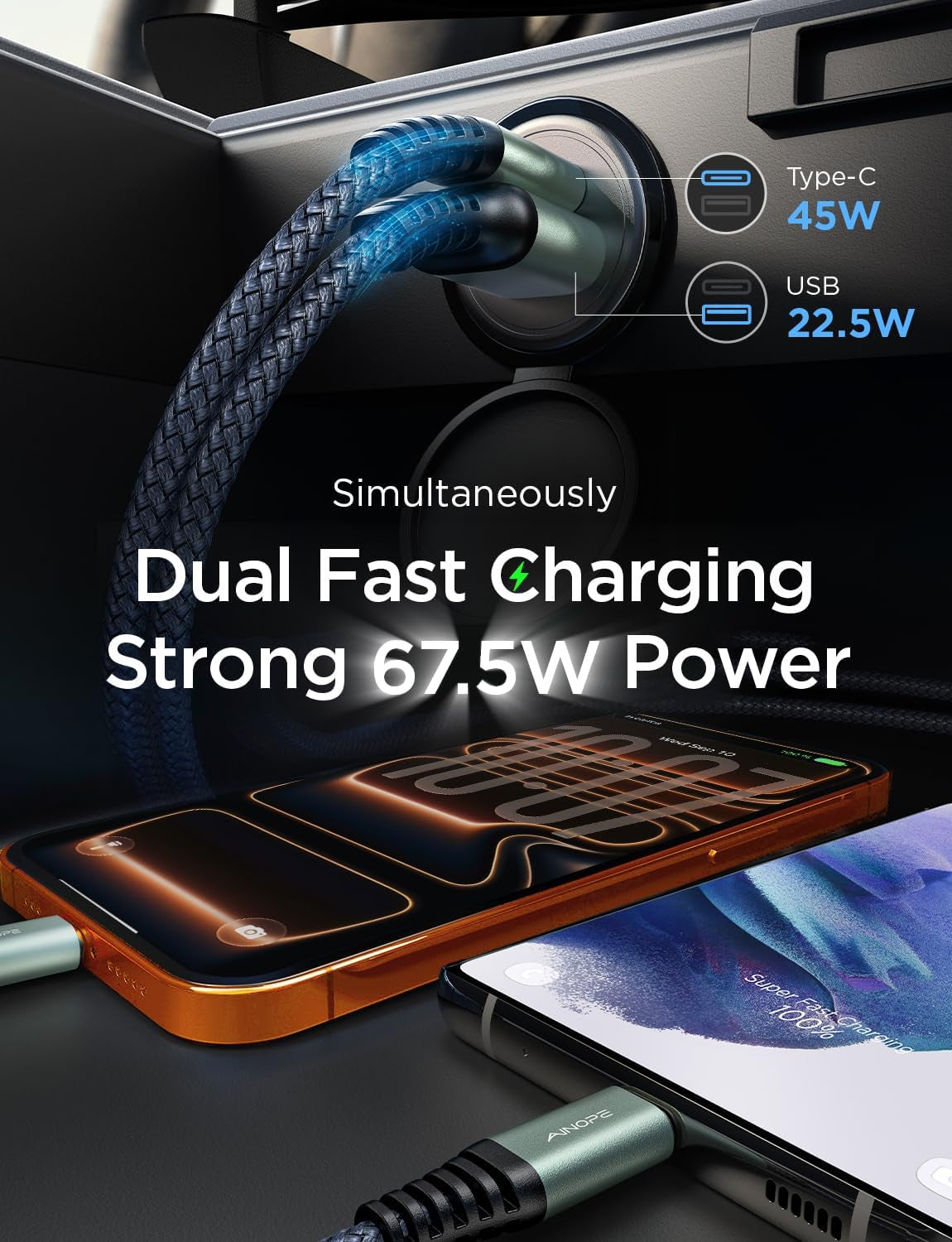 67.5W Car Charger USB C Fast Charge,Fast USBC Car Charger for Iphone