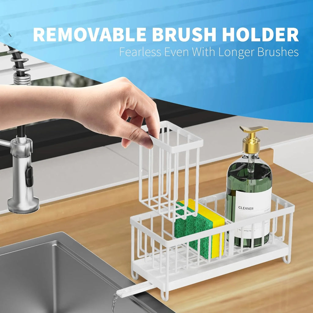 White Sponge Holder for Kitchen Sink, Sink Caddy Organizer with High Brush Holder, Kitchen Countertop Organizers and Storage Essentials, Rustproof 304 Stainless Steel, Soap Dispenser Organize