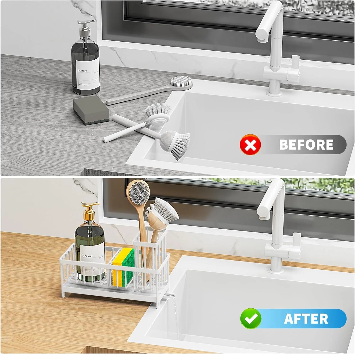 White Sponge Holder for Kitchen Sink, Sink Caddy Organizer with High Brush Holder, Kitchen Countertop Organizers and Storage Essentials, Rustproof 304 Stainless Steel, Soap Dispenser Organize
