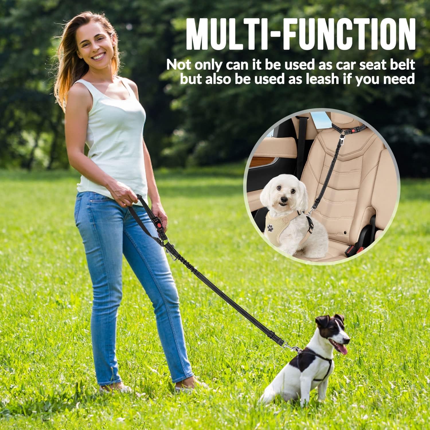 Dog Seat Belt for Car, 2 Pack Dog Car Harness Seatbelt with Bungee